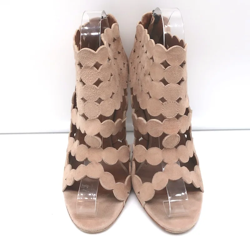 Alaia Laser Cut Booties Nude Suede Size 38.5 Open Toe Ankle Boots