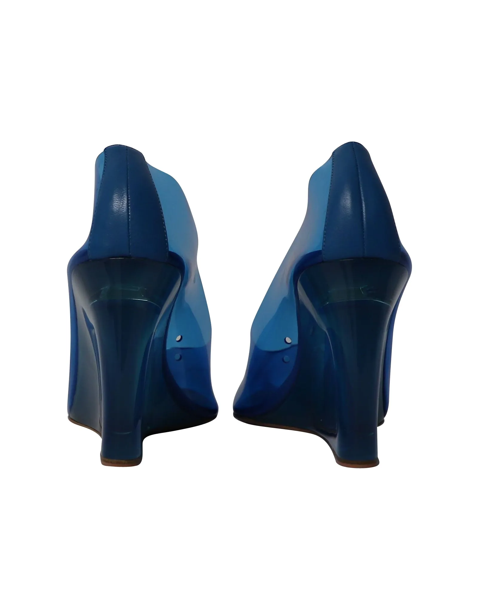 Amina Muaddi Ane Glass Wedge Pumps in Blue PVC