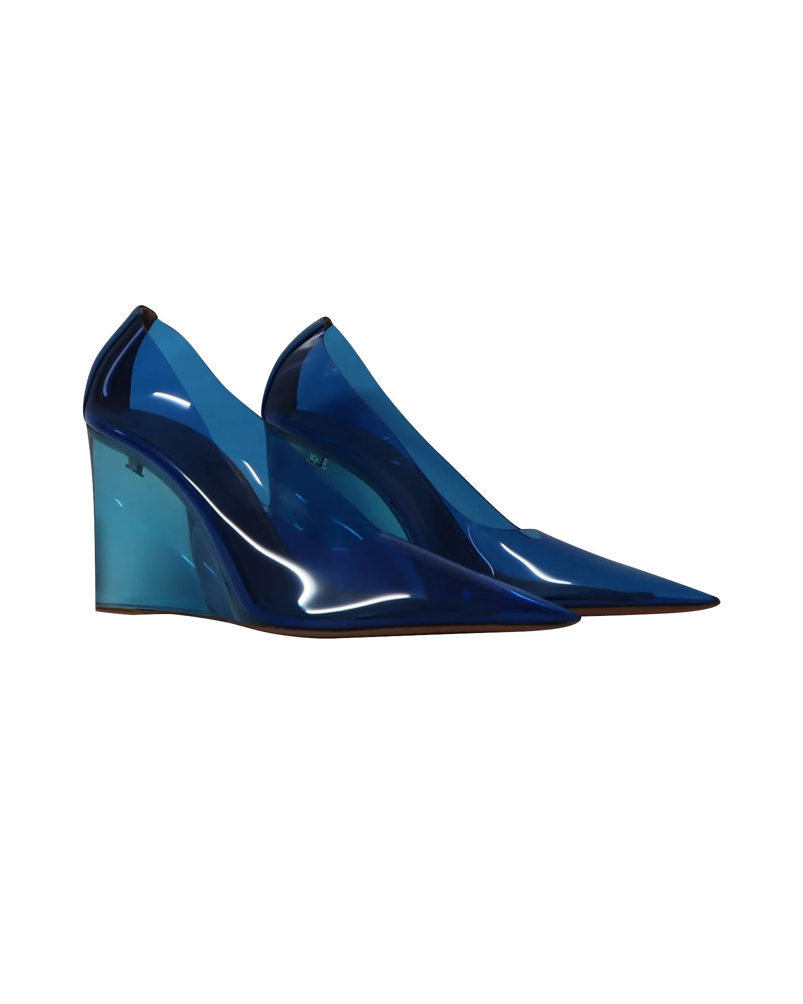 Amina Muaddi Ane Glass Wedge Pumps in Blue PVC