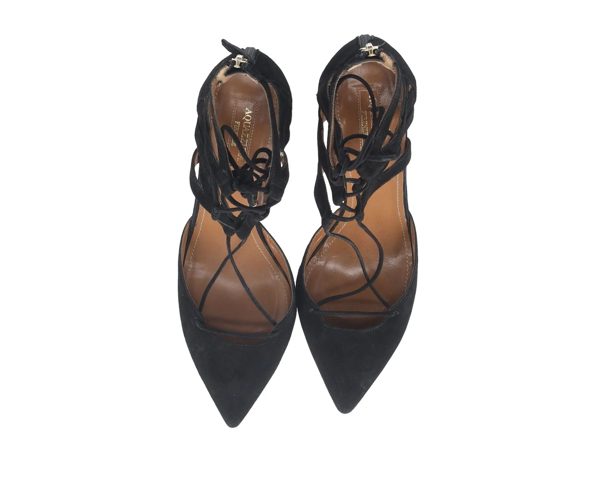 Aquazzura Belgravia Lace Up Pointed Toe Pumps in Black Suede