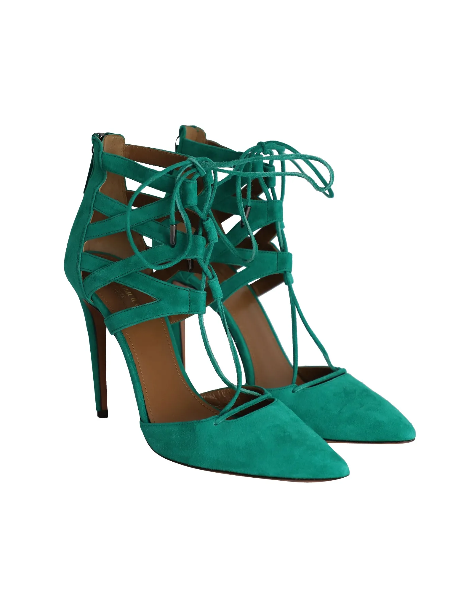 Aquazzura Belgravia Lace-Up Pumps in Green Suede