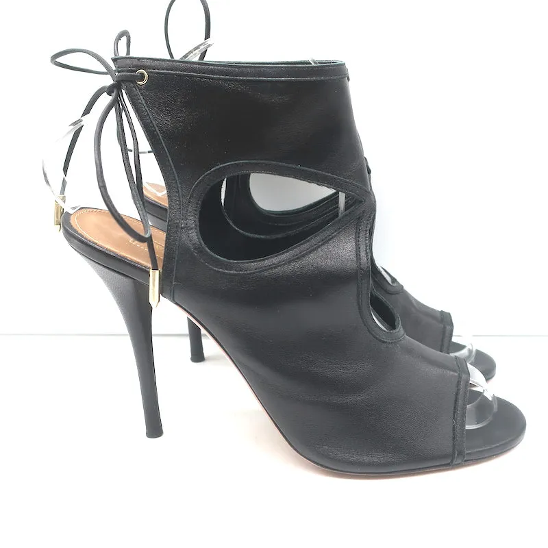 Aquazzura Sexy Thing Cutout Booties Black Leather Size 39 Open Toe Heels