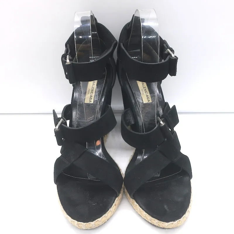 Balenciaga Espadrille Wedge Sandals Black Suede Size 41 Buckle-Strap Heels