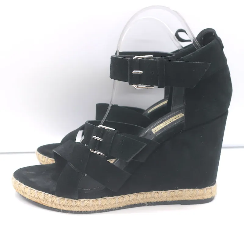 Balenciaga Espadrille Wedge Sandals Black Suede Size 41 Buckle-Strap Heels