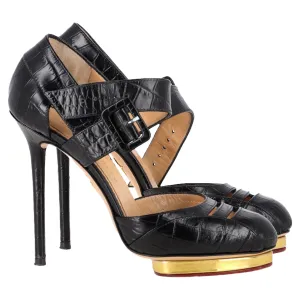 Charlotte Olympia Divia Embossed Platform Pumps in Black Leather
