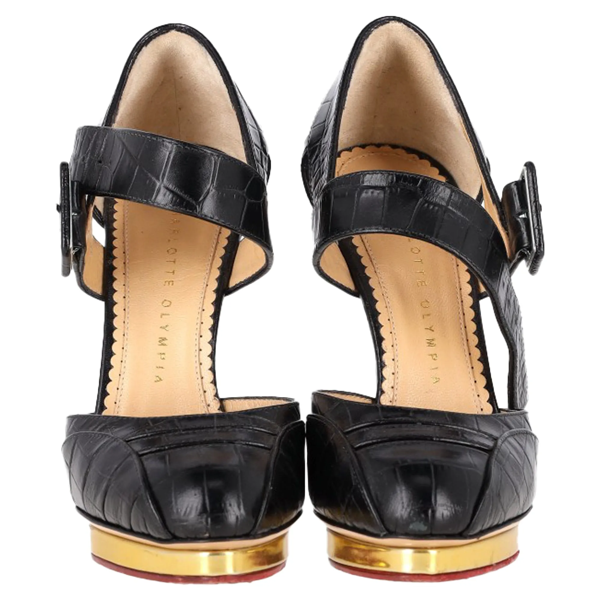 Charlotte Olympia Divia Embossed Platform Pumps in Black Leather