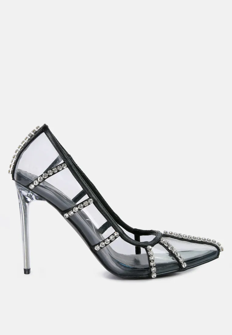 diamante clear high heel cage faux leathermps