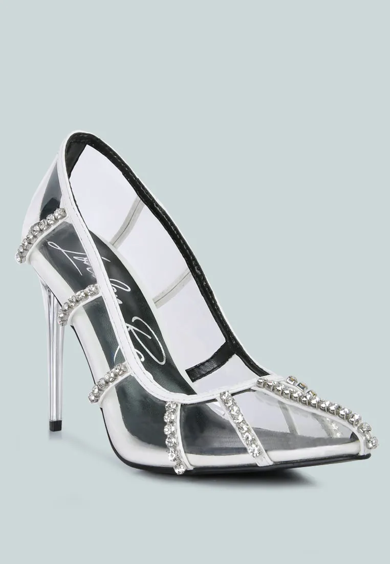 diamante clear high heel cage faux leathermps