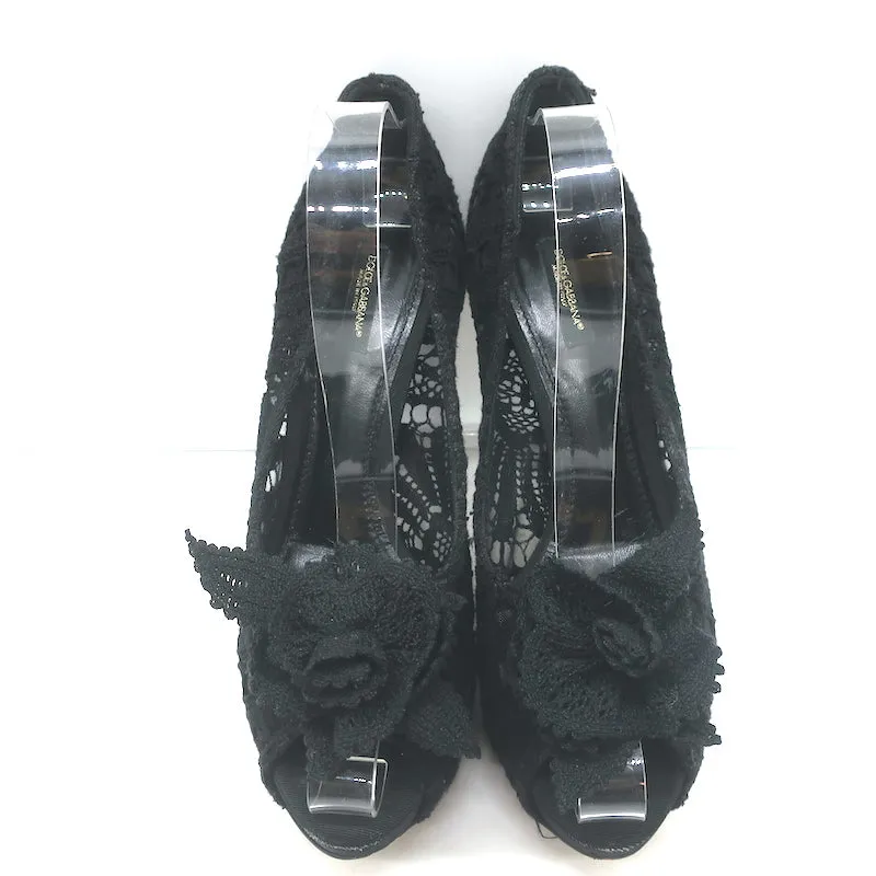 Dolce & Gabbana Rose Crochet Lace Platform Pumps Black Size 40 Open Toe Heels