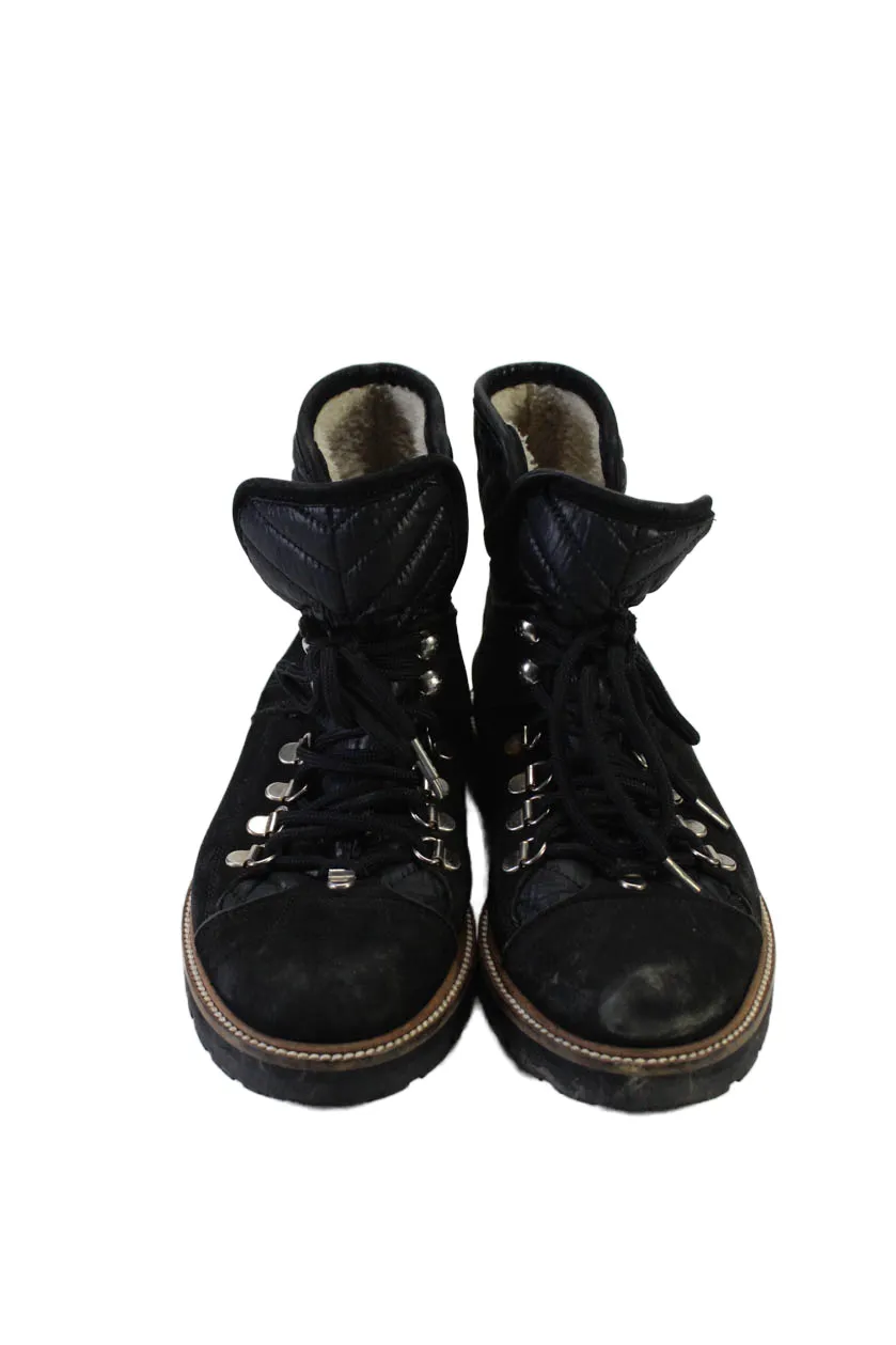 Ganni Womens Lace Up Quilted Trim Winter Ankle Boots Black Suede