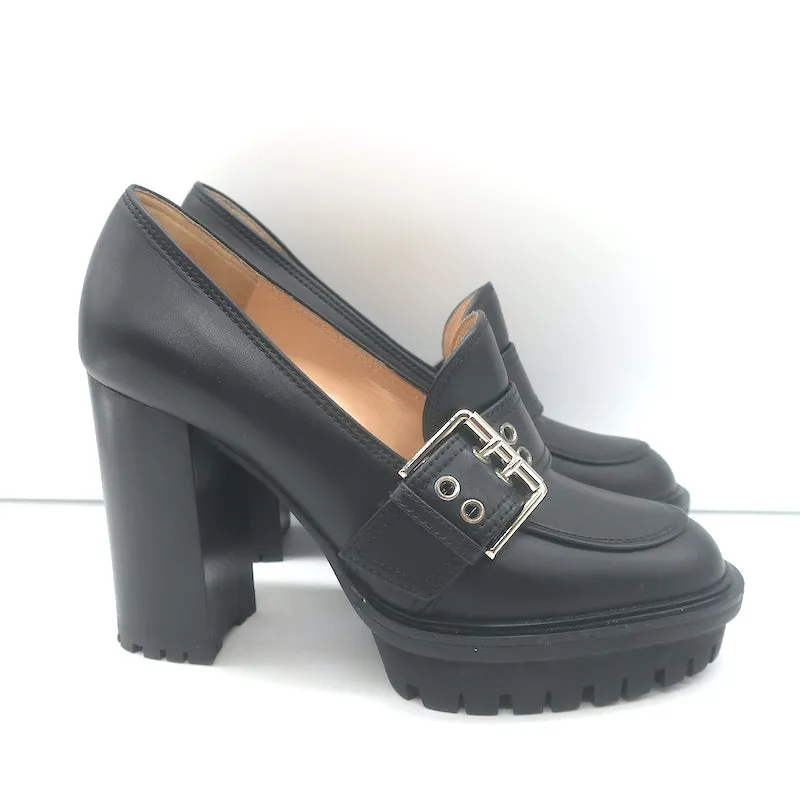 Gianvito Rossi Buckle Loafer Pumps Black Leather Size 36 Platform Heels