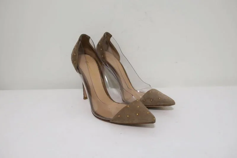 Gianvito Rossi Tyler Plexi Pumps Taupe Studded Suede Size 37 Pointed Toe Heel