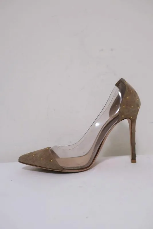 Gianvito Rossi Tyler Plexi Pumps Taupe Studded Suede Size 37 Pointed Toe Heel