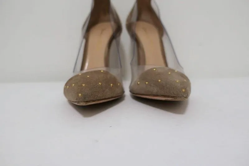 Gianvito Rossi Tyler Plexi Pumps Taupe Studded Suede Size 37 Pointed Toe Heel