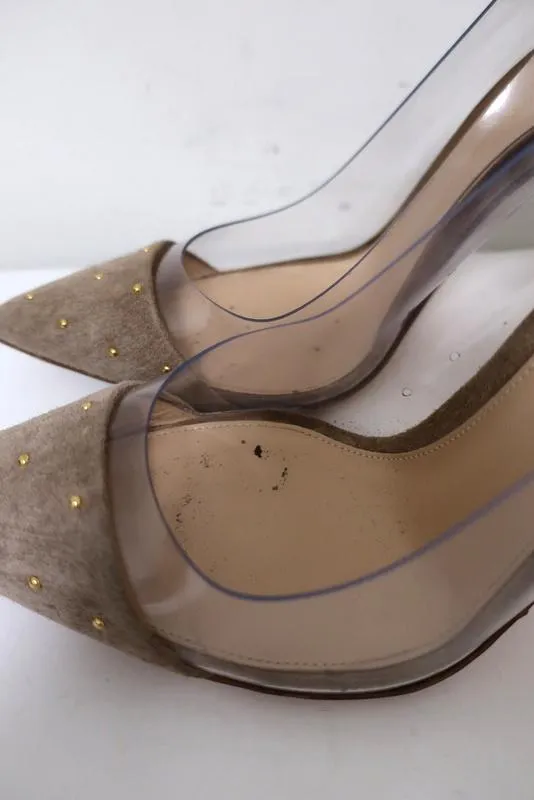 Gianvito Rossi Tyler Plexi Pumps Taupe Studded Suede Size 37 Pointed Toe Heel