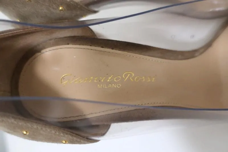 Gianvito Rossi Tyler Plexi Pumps Taupe Studded Suede Size 37 Pointed Toe Heel