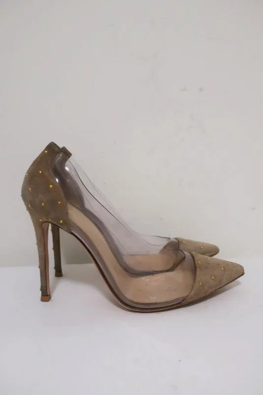 Gianvito Rossi Tyler Plexi Pumps Taupe Studded Suede Size 37 Pointed Toe Heel