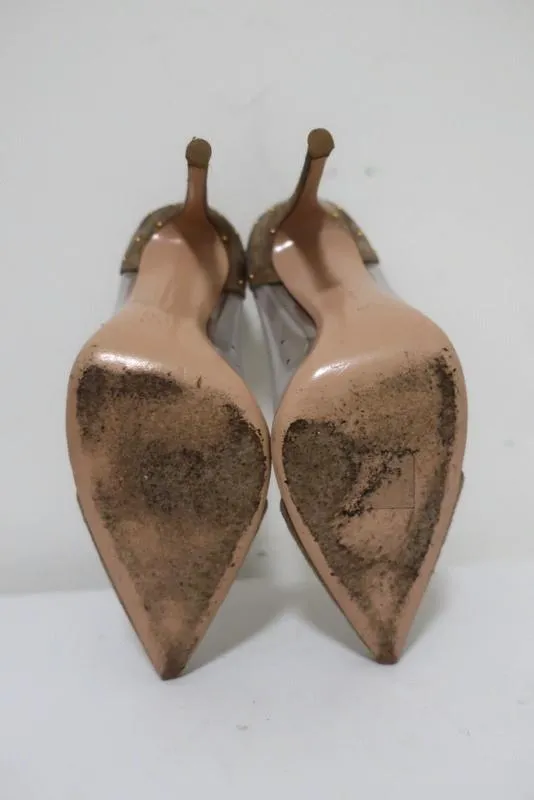 Gianvito Rossi Tyler Plexi Pumps Taupe Studded Suede Size 37 Pointed Toe Heel