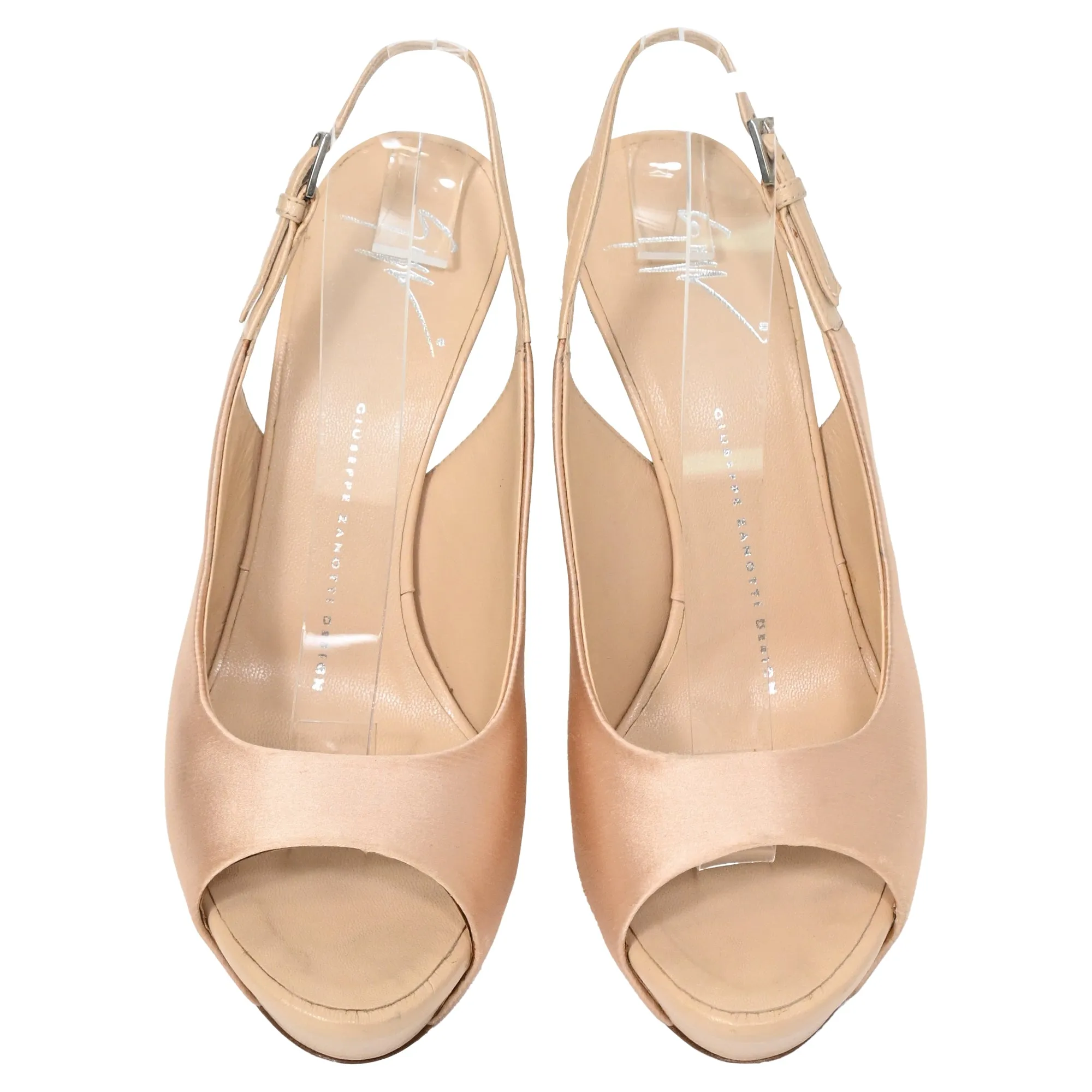 Giuseppe Zanotti Peep-Toe Slingback Heels in Nude Pink Satin