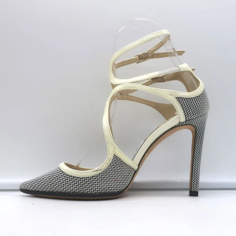 Jimmy Choo Lancer 100 Strappy Pumps Black/Cream Mesh & Patent Leather Size 34.5