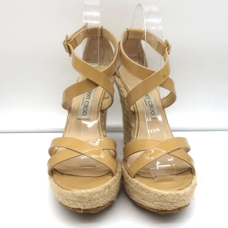 Jimmy Choo Porto Platform Espadrille Wedge Sandals Nude Patent Leather Size 39