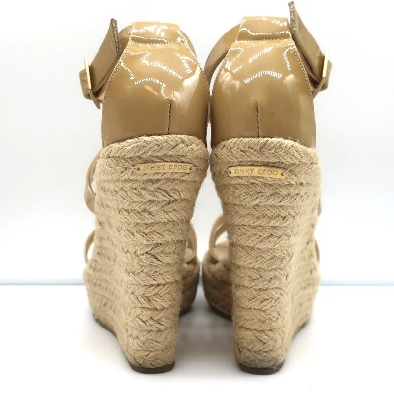 Jimmy Choo Porto Platform Espadrille Wedge Sandals Nude Patent Leather Size 39