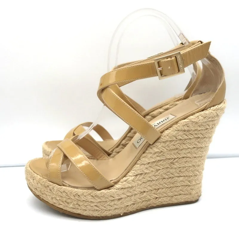 Jimmy Choo Porto Platform Espadrille Wedge Sandals Nude Patent Leather Size 39