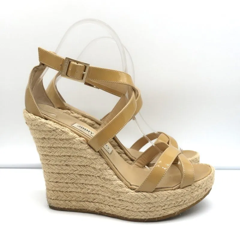 Jimmy Choo Porto Platform Espadrille Wedge Sandals Nude Patent Leather Size 39