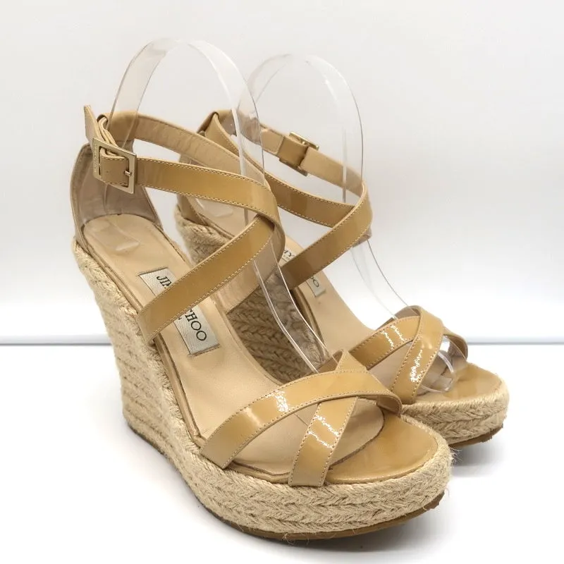 Jimmy Choo Porto Platform Espadrille Wedge Sandals Nude Patent Leather Size 39