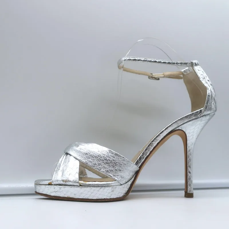 Jimmy Choo Twisted Strap Platform Sandals Silver Snakeskin Size 38.5