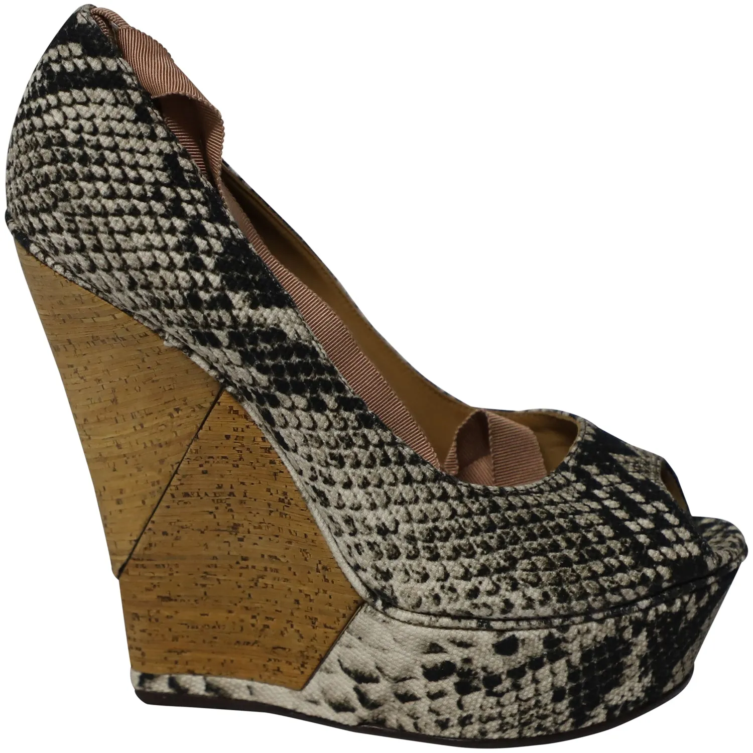 Lanvin Ribbon Strap Wood Wedge Peep-toe Sandals in Phyton Print Leather