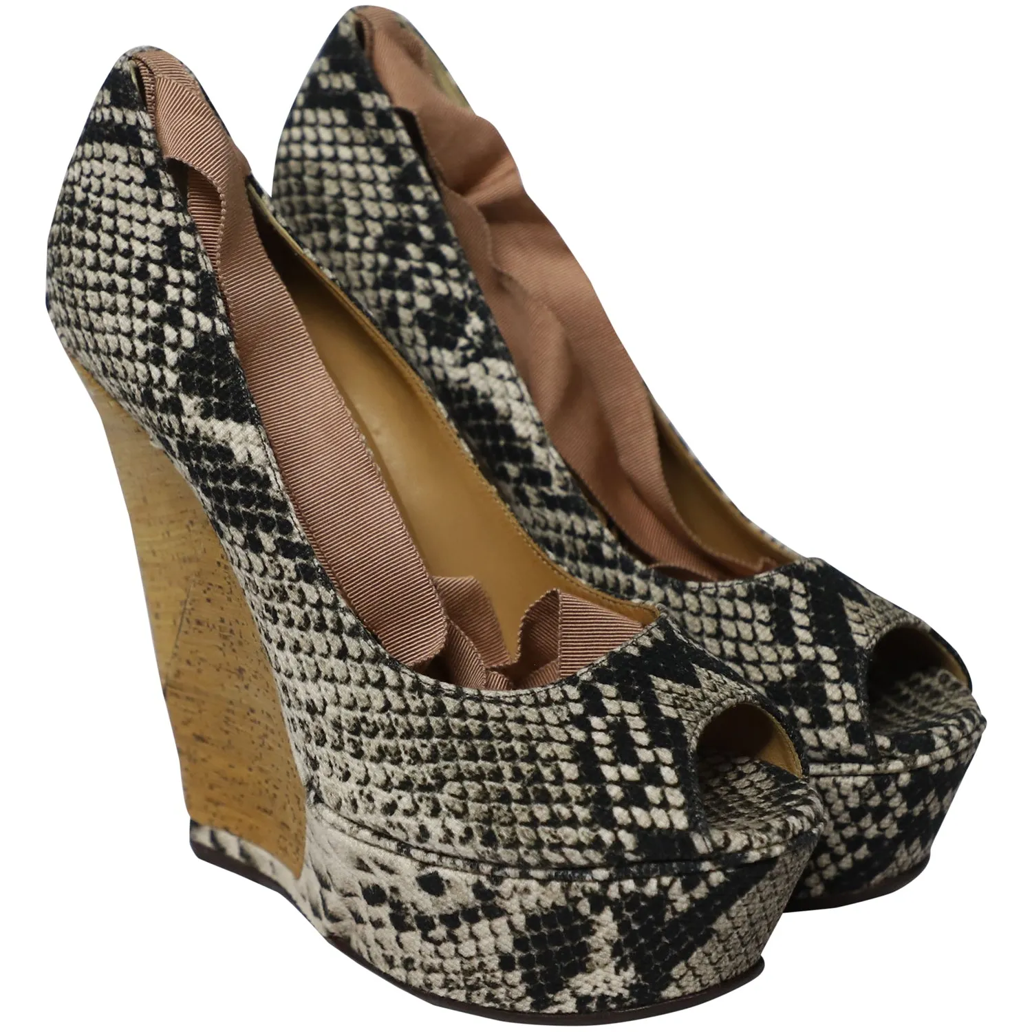 Lanvin Ribbon Strap Wood Wedge Peep-toe Sandals in Phyton Print Leather