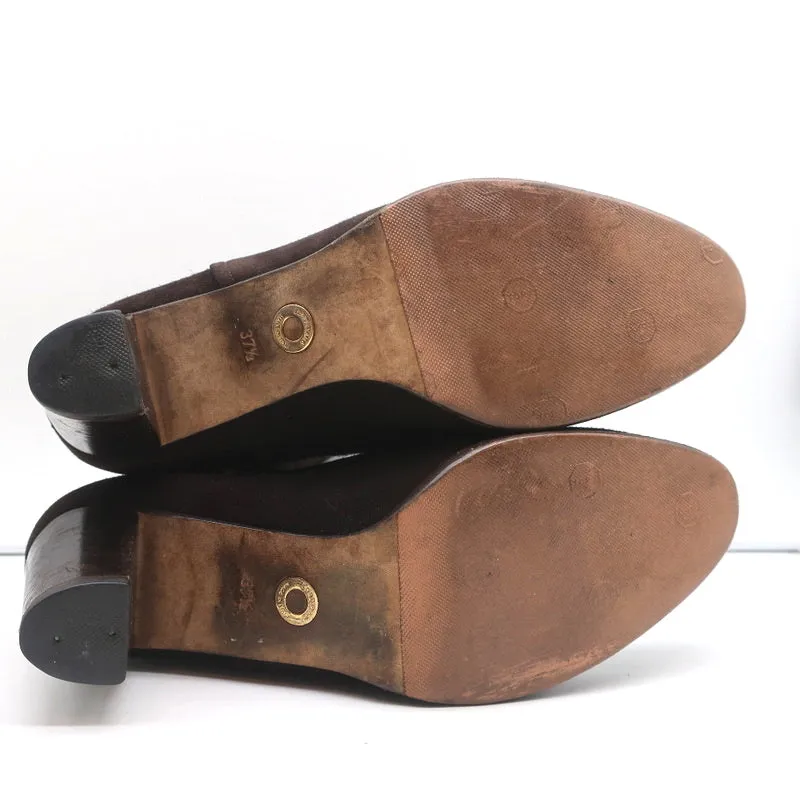 Loro Piana Mid-Heel Ankle Boots Dark Brown Leather-Trim Suede Size 37.5