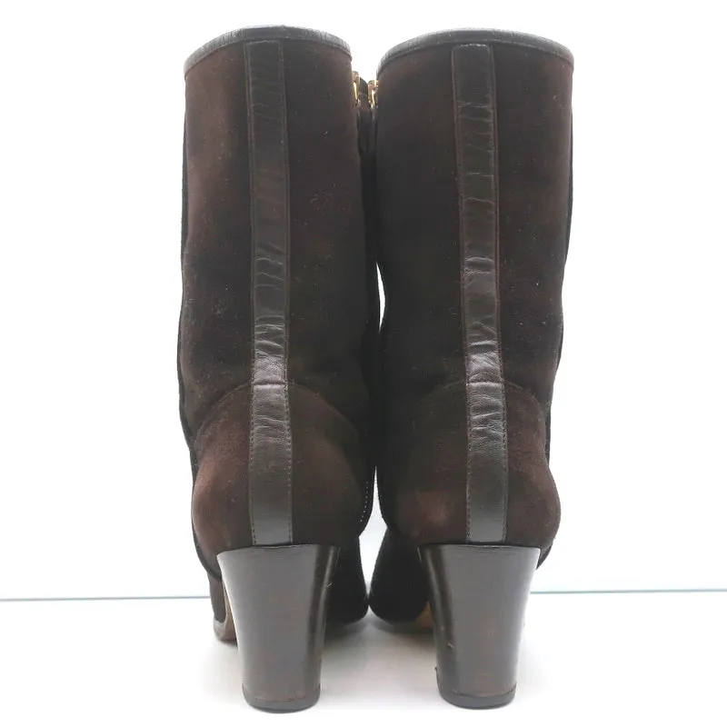Loro Piana Mid-Heel Ankle Boots Dark Brown Leather-Trim Suede Size 37.5