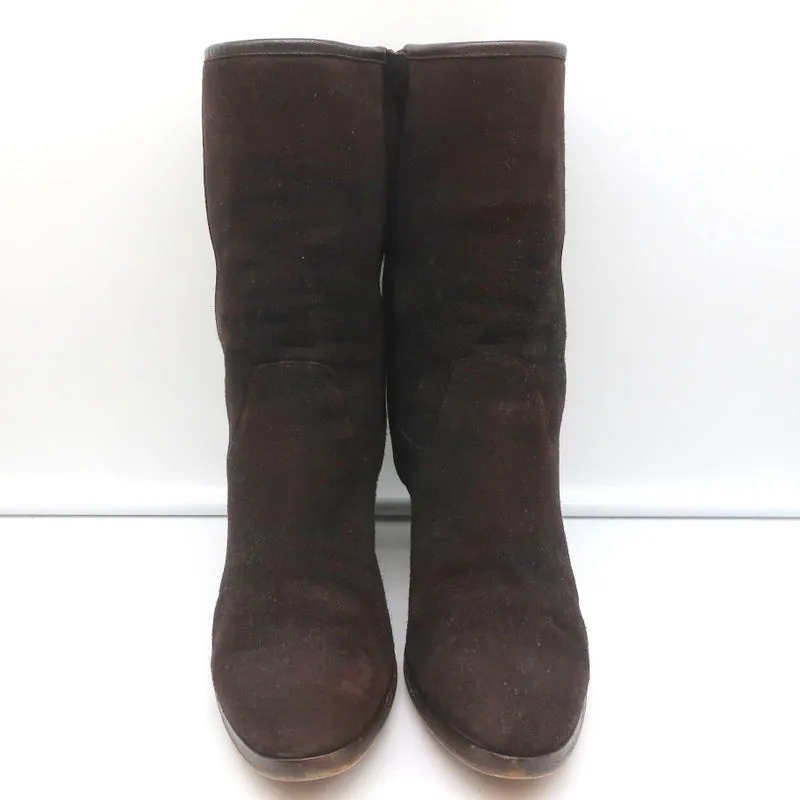 Loro Piana Mid-Heel Ankle Boots Dark Brown Leather-Trim Suede Size 37.5