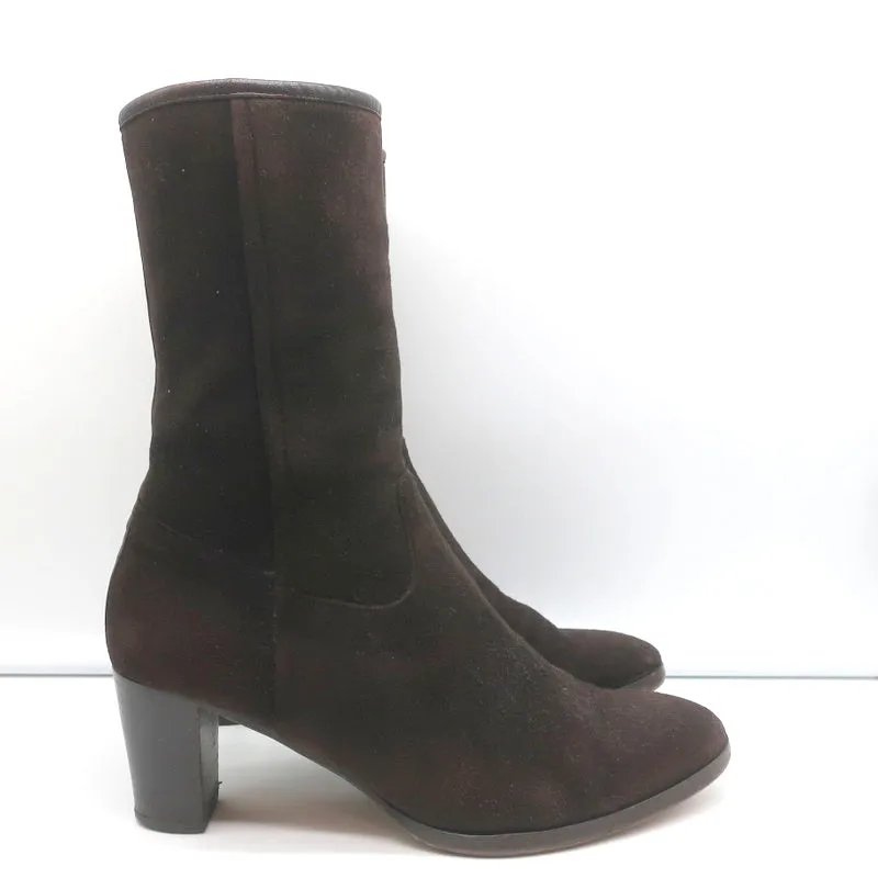 Loro Piana Mid-Heel Ankle Boots Dark Brown Leather-Trim Suede Size 37.5