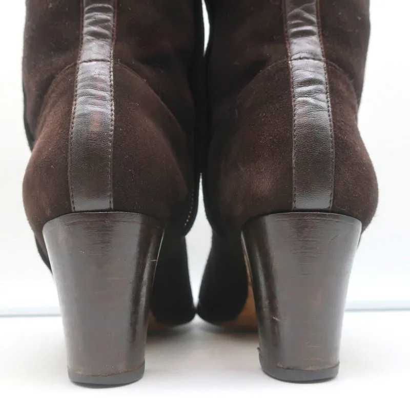 Loro Piana Mid-Heel Ankle Boots Dark Brown Leather-Trim Suede Size 37.5