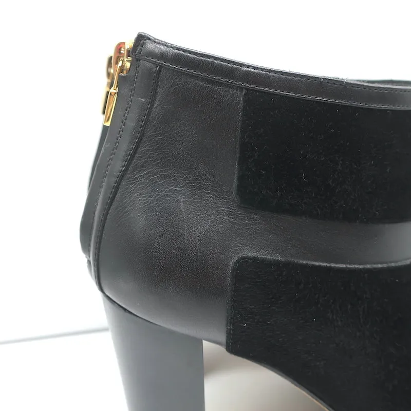 Loro Piana Platform Booties Black Leather & Suede Size 37.5 High Heel Ankle Boot