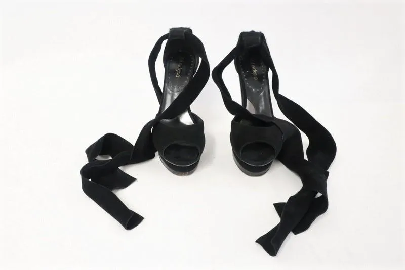 Malandrino Platform Sandal Black Suede & Pony Hair Size 37 Ankle Wrap Wood Heel