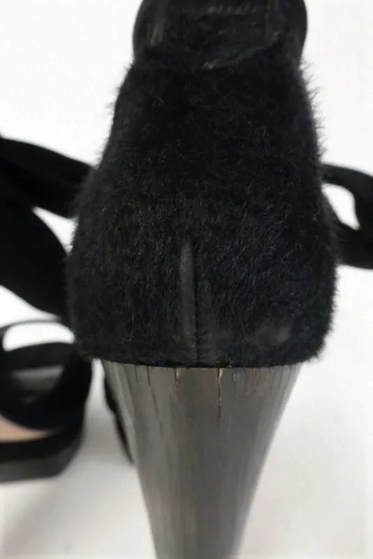 Malandrino Platform Sandal Black Suede & Pony Hair Size 37 Ankle Wrap Wood Heel