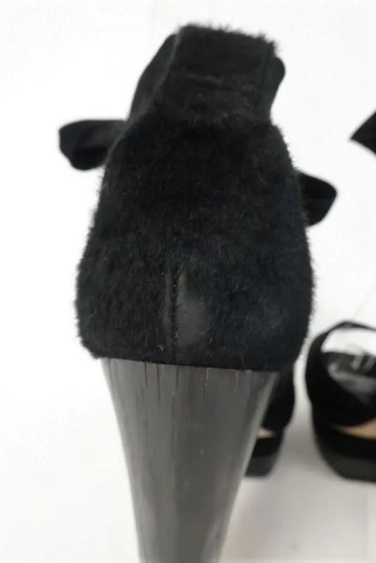Malandrino Platform Sandal Black Suede & Pony Hair Size 37 Ankle Wrap Wood Heel