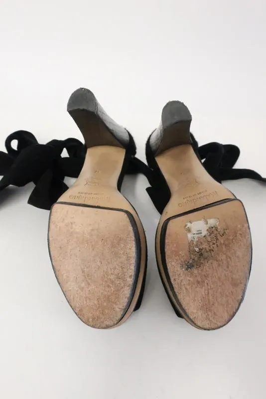 Malandrino Platform Sandal Black Suede & Pony Hair Size 37 Ankle Wrap Wood Heel