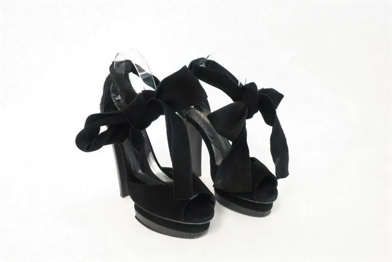 Malandrino Platform Sandal Black Suede & Pony Hair Size 37 Ankle Wrap Wood Heel