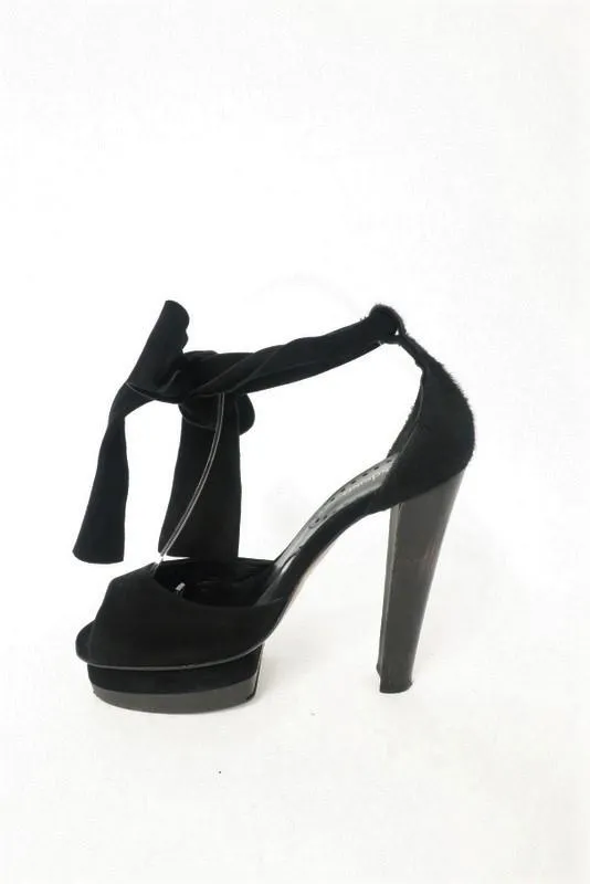 Malandrino Platform Sandal Black Suede & Pony Hair Size 37 Ankle Wrap Wood Heel