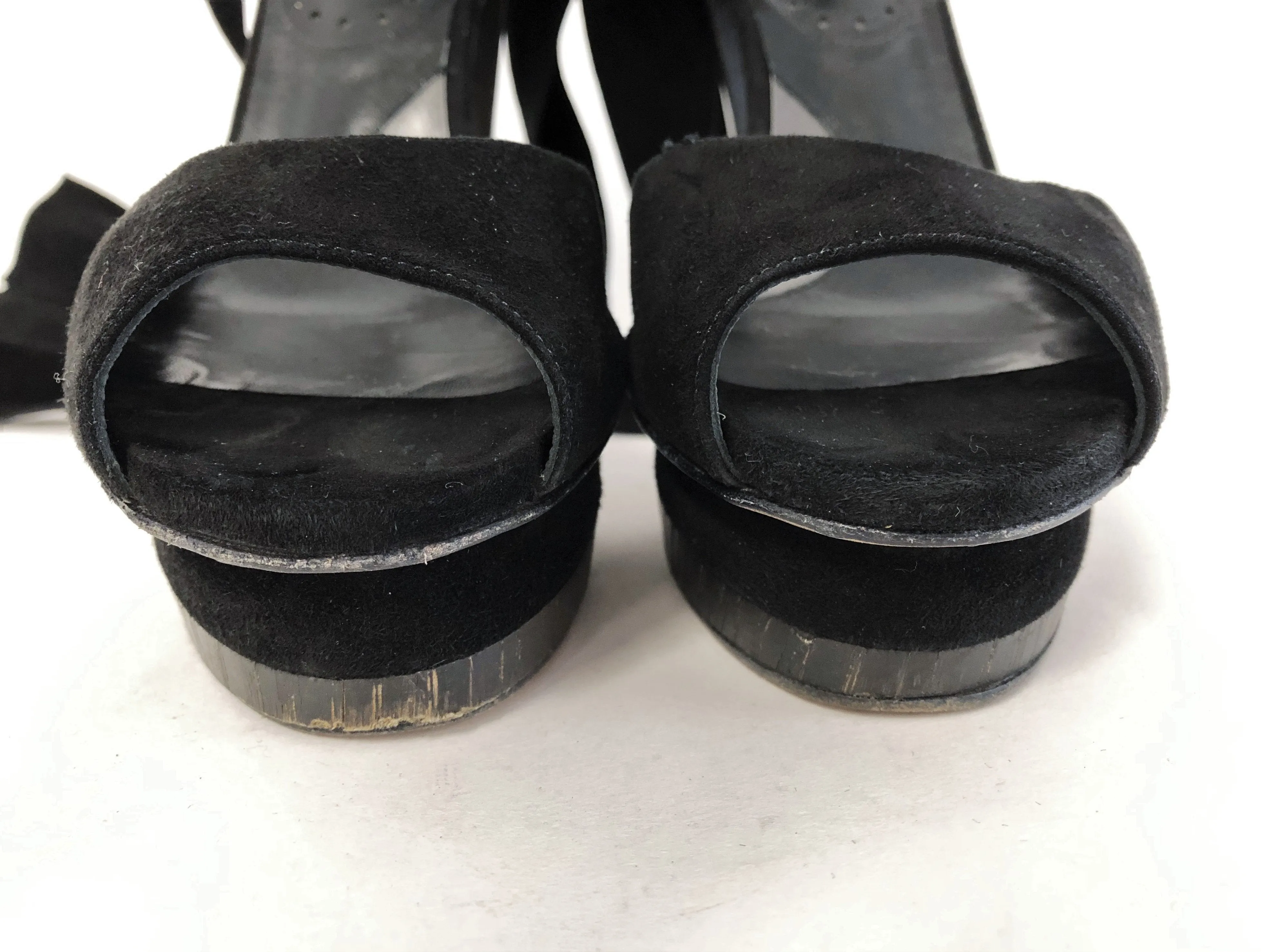 Malandrino Platform Sandal Black Suede & Pony Hair Size 37 Ankle Wrap Wood Heel