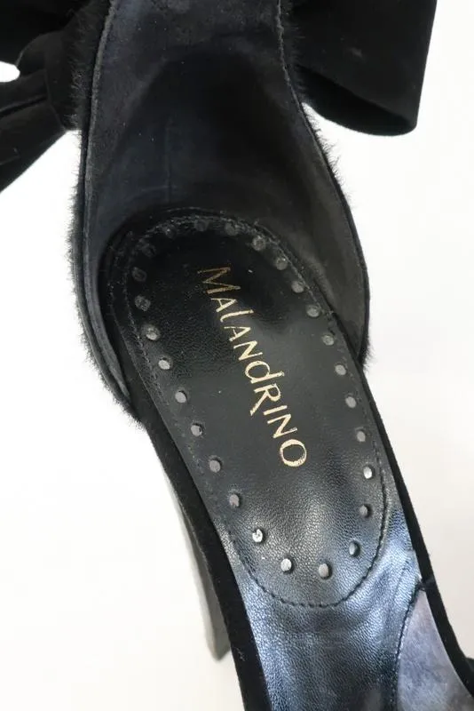 Malandrino Platform Sandal Black Suede & Pony Hair Size 37 Ankle Wrap Wood Heel