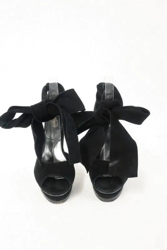 Malandrino Platform Sandal Black Suede & Pony Hair Size 37 Ankle Wrap Wood Heel