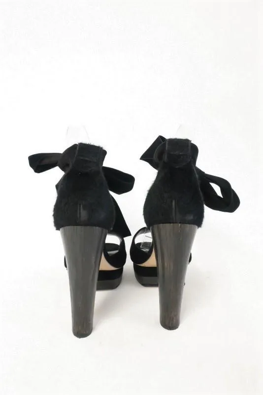 Malandrino Platform Sandal Black Suede & Pony Hair Size 37 Ankle Wrap Wood Heel