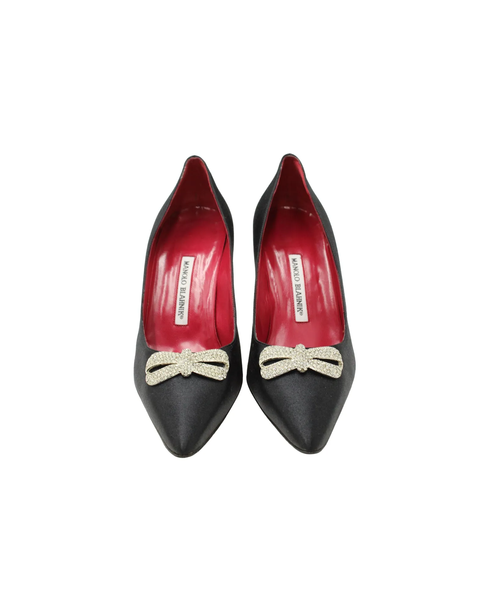 Manolo Blahnik Bow Embellished Pumps in Black Satin
