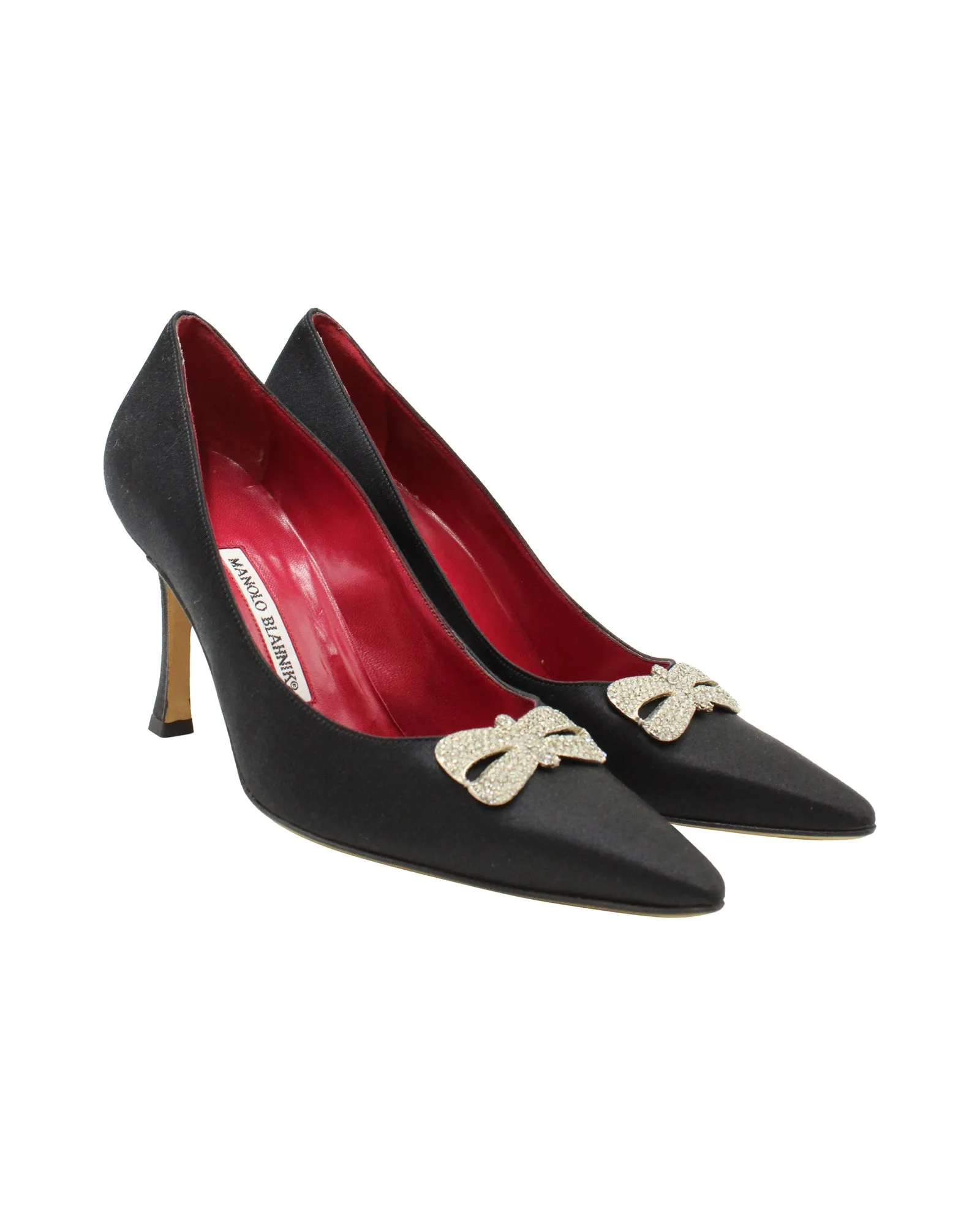 Manolo Blahnik Bow Embellished Pumps in Black Satin